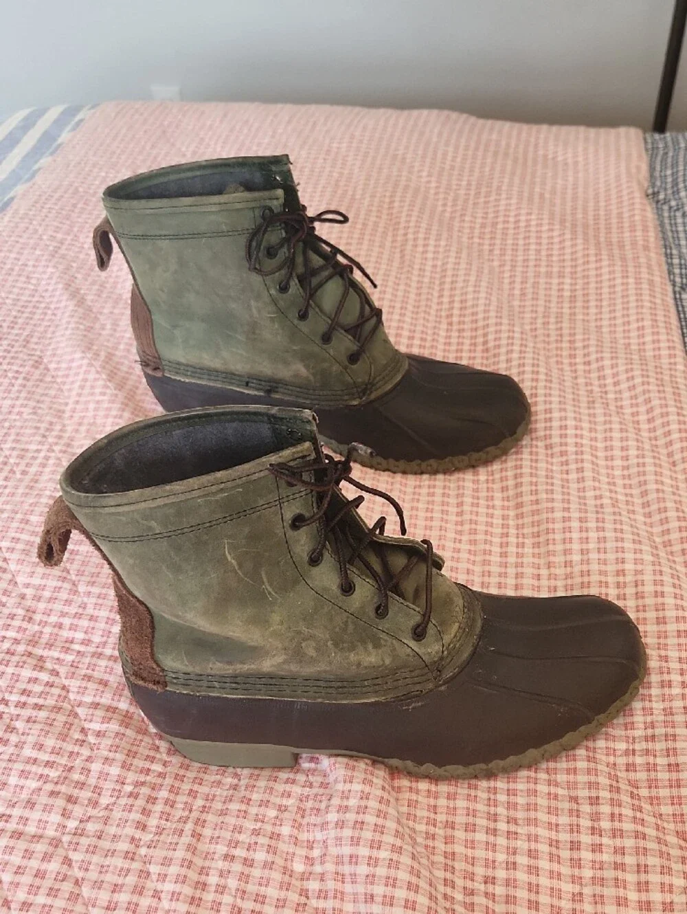 L.L. Bean Olive Green Black Brown Leather Rubber Duck Boots Lined 11M Fishing